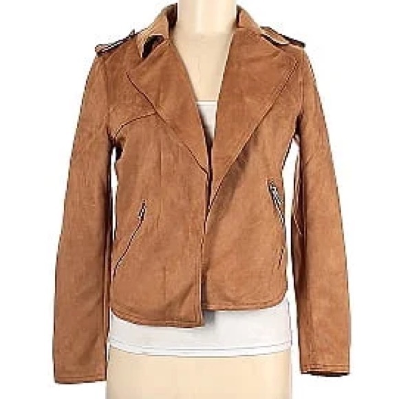 Tahari Faux Leather Moto Jacket Size M Camel Tobacco Brown Suede Open Front NEW - Picture 5 of 13